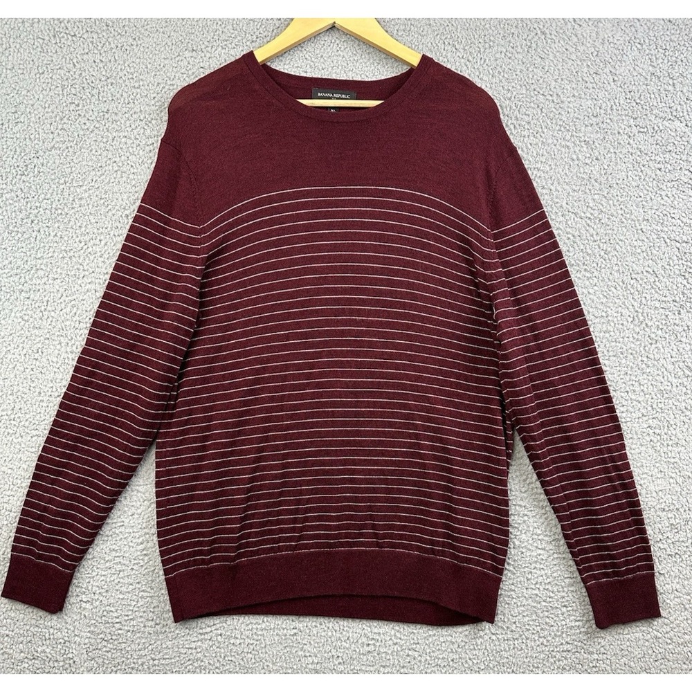 Banana Republic Sweater Mens XL Maroon Merino Wool Striped Crewneck Pullover